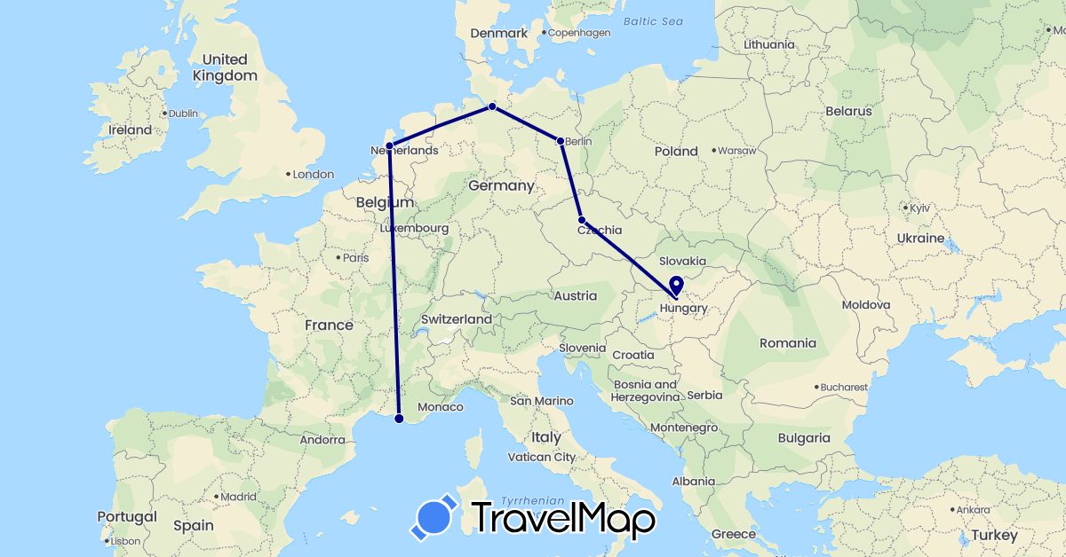 TravelMap itinerary: driving in Czech Republic, Germany, France, Hungary, Netherlands (Europe)
